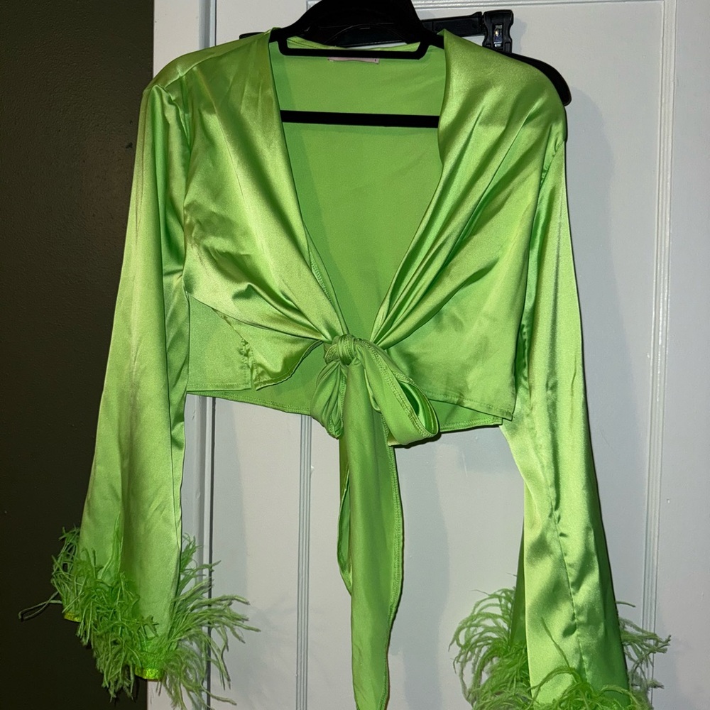 Lustrous Green Tie Front Long Sleeve Crop Blouse